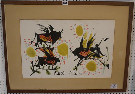 After Pablo Picasso, winged bulls and suns, dated 50, limited edition coloured print